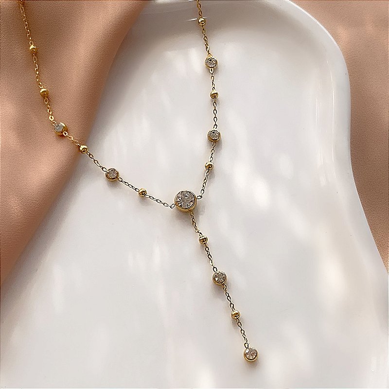 COLAR ESTILO GRAVATINHA BOLINHAS E ZIRCÔNIAS DOURADO AÇO 316L⭐️