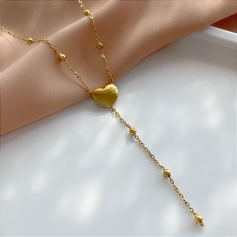 COLAR CORRENTE BOLINHAS CORAÇÃO LISO DOURADO AÇO 316L⭐️