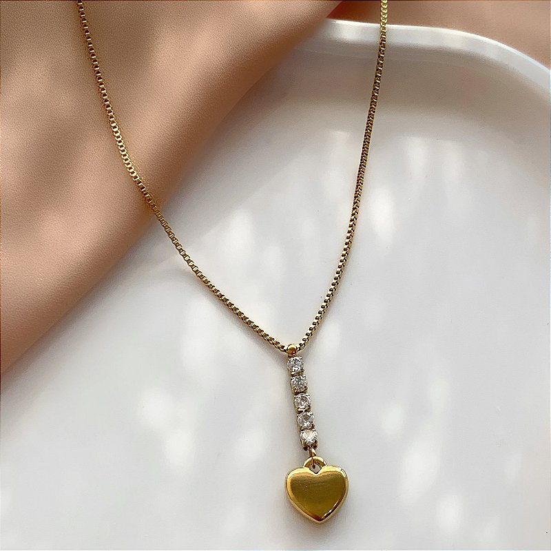 COLAR FIO DE ZIRCÔNIA E CORAÇÃO BOLEADO DOURADO AÇO 316L⭐️
