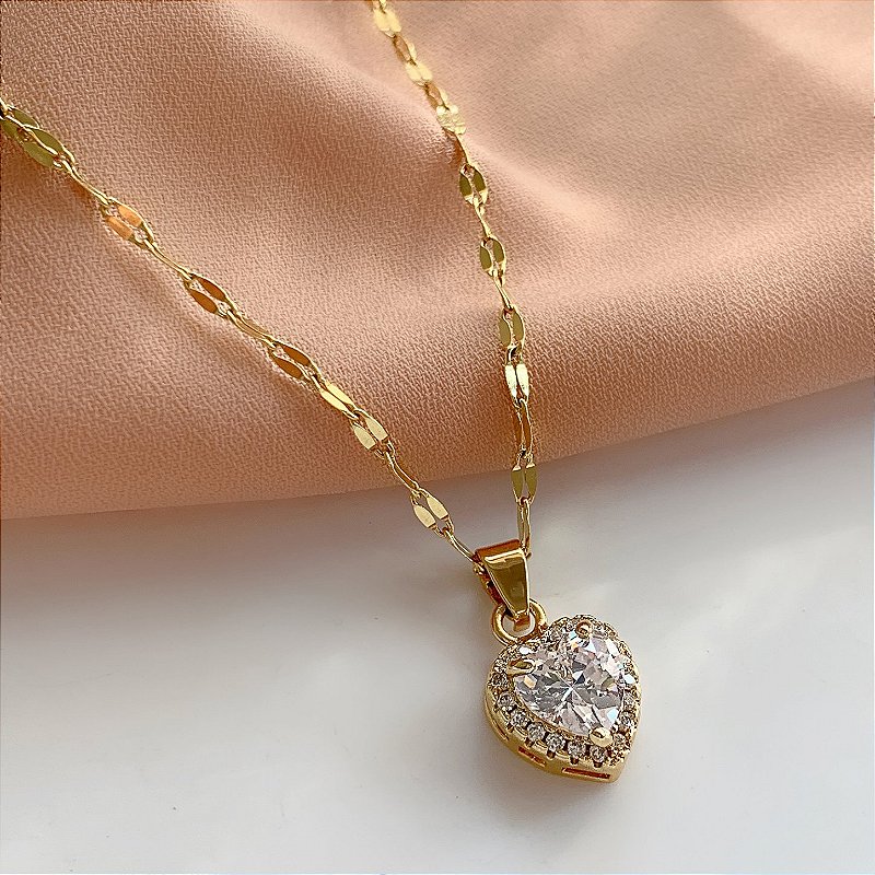 COLAR LONGO PINGENTE CORAÇÃO PEDRA ZIRCÔNIA DOURADO AÇO 316L⭐️
