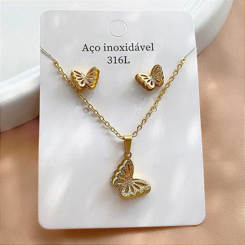 COLAR E BRINCO BORBOLETA RECORTES DUPLO TEXTURIZADO DOURADO AÇO 316L⭐️