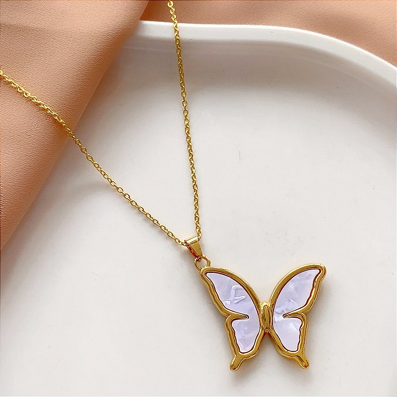 COLAR PINGENTE BORBOLETA G LADINHO MADREPÉROLA DOURADO AÇO 316L⭐️