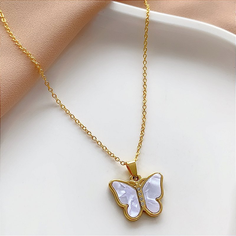 COLAR PINGENTE BORBOLETA MADREPÉROLA E MINI ZIRCÔNIAS DOURADO AÇO 316L⭐️