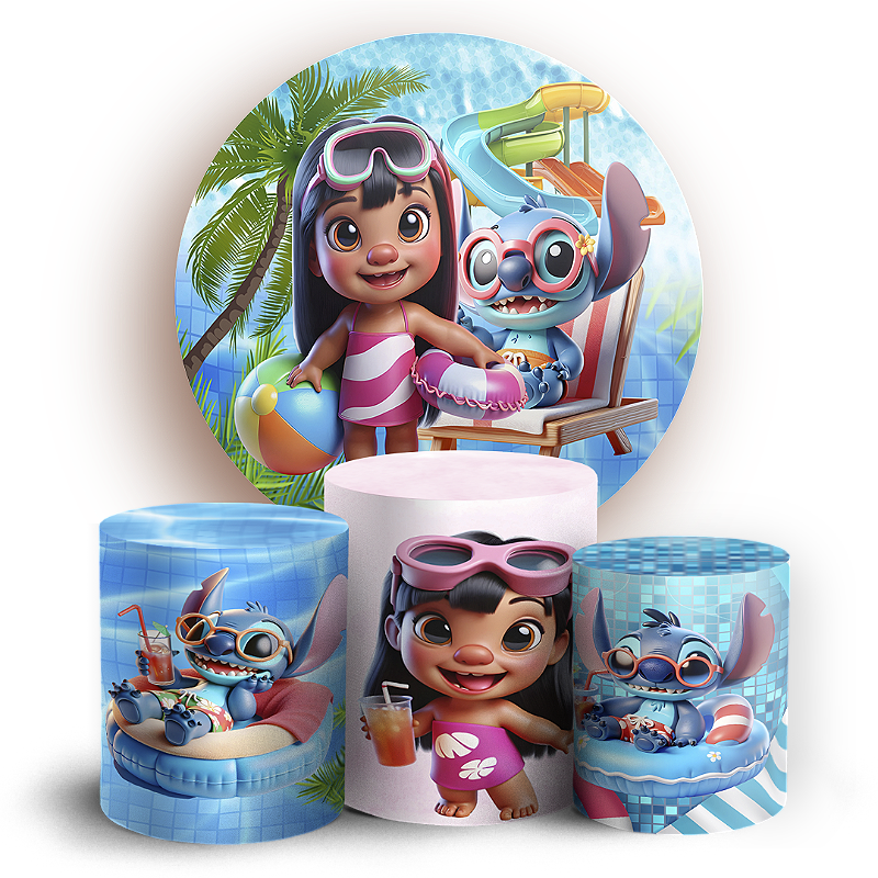 Stitch Pool Set Stitch Pool Party Capas Painel Redondo com Trio de Cilindros Sublimados ...