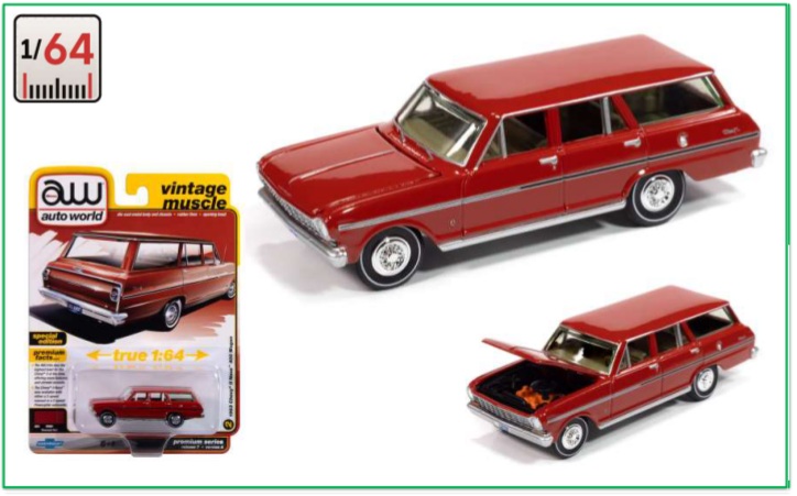 Chevy Nova II - Wagon - AW Auto World - Escala 1/64 - Metal, abre capô e pneus de borracha