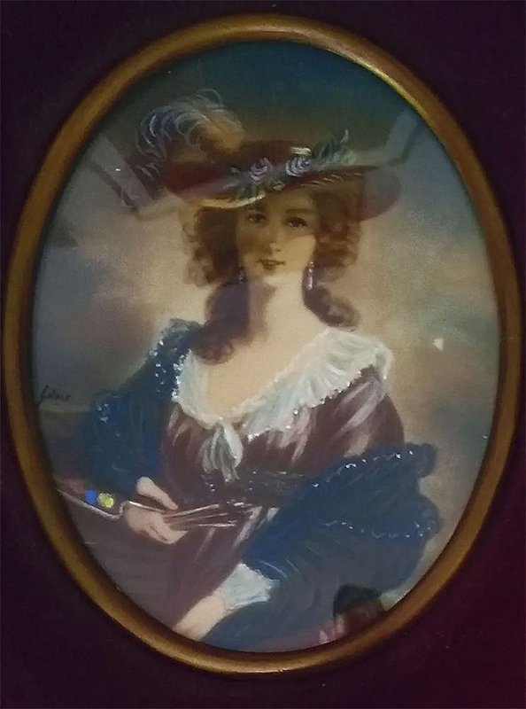Antiga Pintura Miniatura, Retrato de Dama, Vidro Bombê 