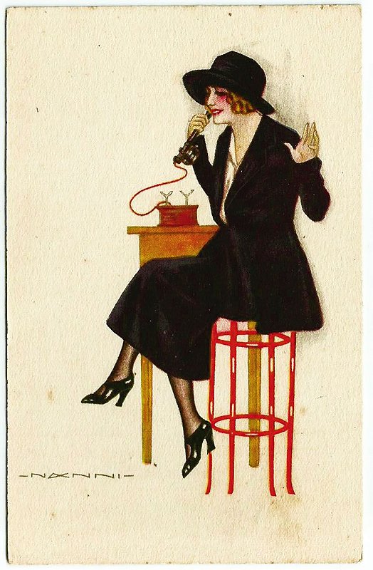 Cartão Postal Antigo Original Anos 1920 - Ilustrado pelo Artista Nanni, Art Déco, Mulher ao Telefone, - Não Circulado