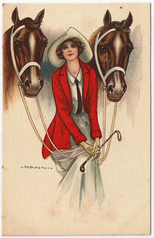 Cartão Postal Antigo Original, Ilustração do Artista Italiano Nanni, Figura de Dama e Dois Cavalos