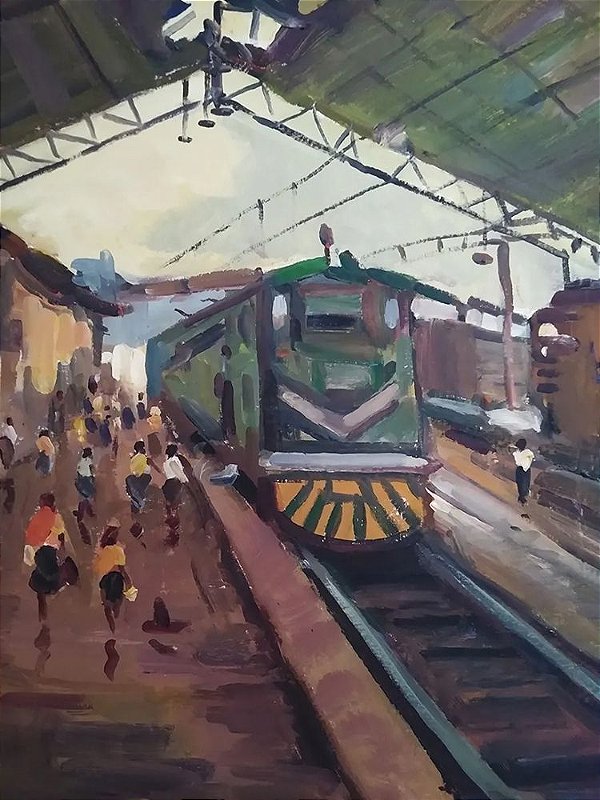 R. Kurt - Pintura Óleo sobre Tela - Interior de Estação de Trem