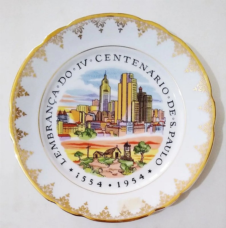 IV Centenário de São Paulo - Antigo Prato em Porcelana com Imagem do Prédio do Banespa 23 Cm