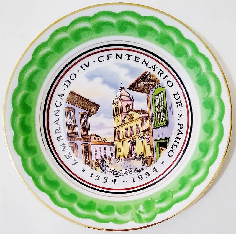 IV Centenário de São Paulo - Prato em Porcelana com Imagem do Largo Da Sé em 1860, 21 cm