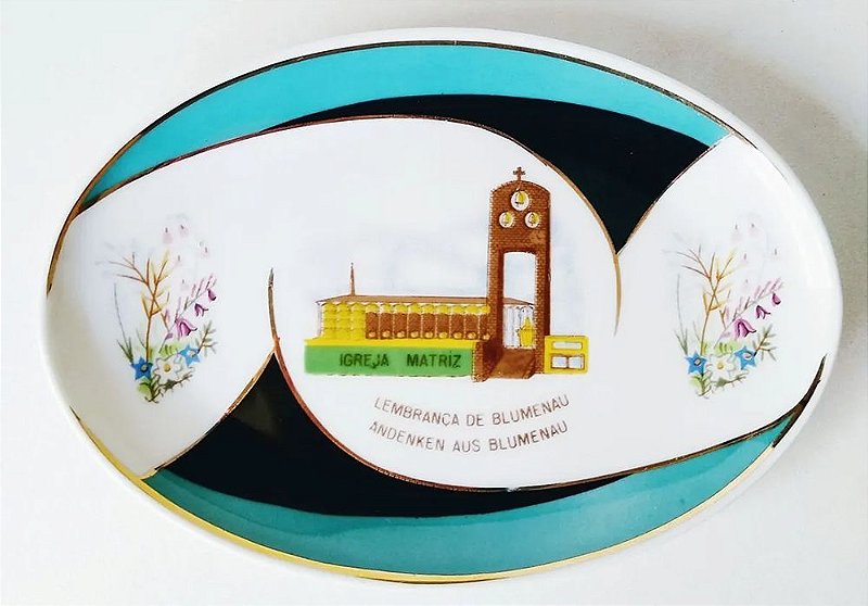 Prato em Porcelana Oval, Lembrança de Blumenau - Imagem da Igreja Matriz