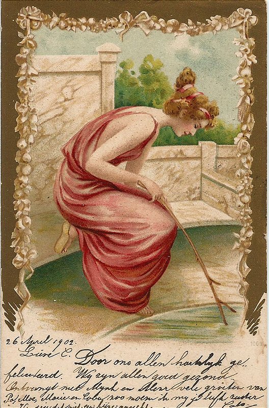 Cartão Postal Antigo Original, Art Nouveau Ilustrado, Figura de Mulher, Circulado em 1902