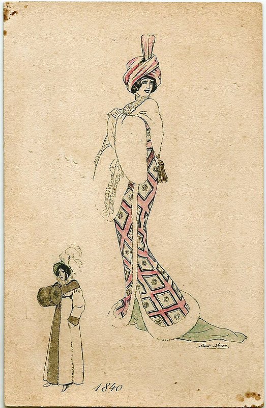 Cartão Postal Antigo Original, Ilustrado por Xavier Sager, Moda Feminina na Paris de 1840,  Mulher Elegante em Traje de Inverno,  Não Circulado