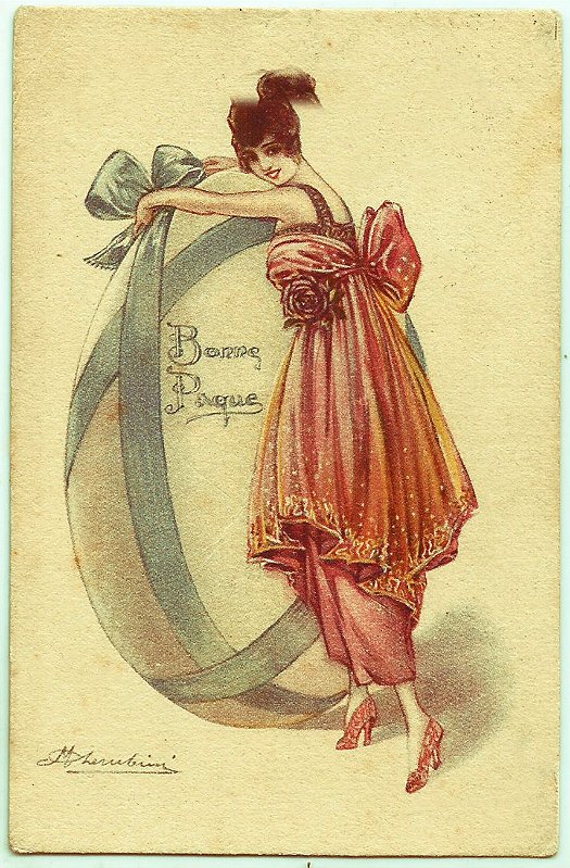 Cartão Postal Antigo Original, Ilustrado por M. Cherubini, Mulher Elegante Abraçando Ovo de Páscoa, Circulado em 1919