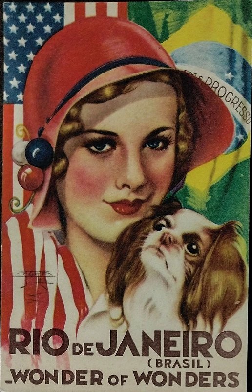 Cartão Postal Antigo Original da Década de 30, Ilustrado por Mora, Rio de Janeiro, Mulher e Cachorro Pequinês - Não Circulado