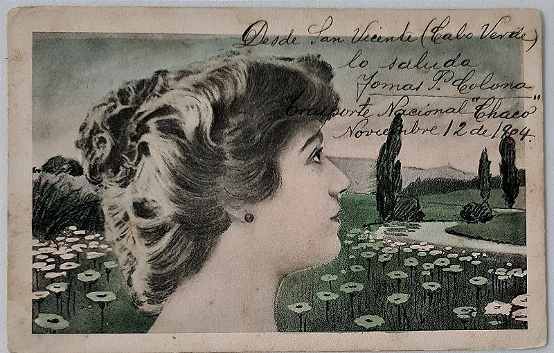 Cartão Postal Antigo, Ilustração Original de Perfil de Mulher e Flores