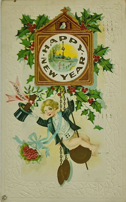 Cartão Postal Antigo Original, Ilustração Happy New Year, Feliz Ano Novo, Menino no Pêndulo do Relógio