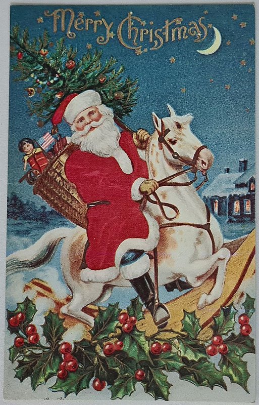 Cartão Postal Antigo Original, Natal, Ilustração de Papai Noel, Merry Christmas