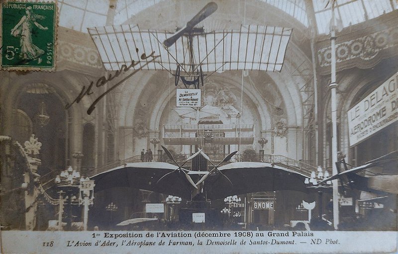 SANTOS DUMONT - Cartão Postal Antigo Original,  Primeira Exposição de Aviação em 1918 com La Demoiselle no Grand Palais