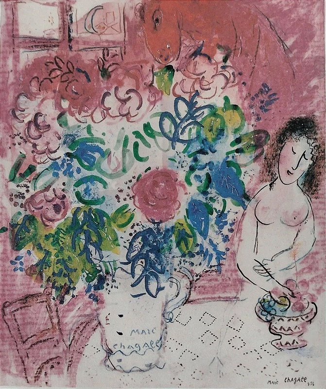 Marc Chagall - Gravura, Litografia, Mulher com Flores - Assinada na Chapa