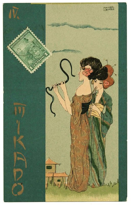 Raphael Kirchner - Cartão Postal Antigo Ilustrado, Série Mikado n. IV, Mulheres Encantando Serpente
