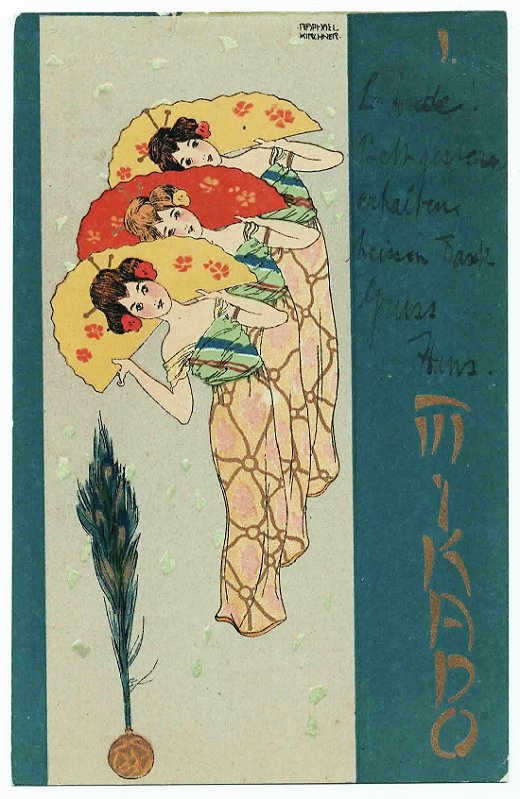 Raphael Kirchner - Cartão Postal Antigo Ilustrado, Série Mikado n. I, Mulheres com Leque