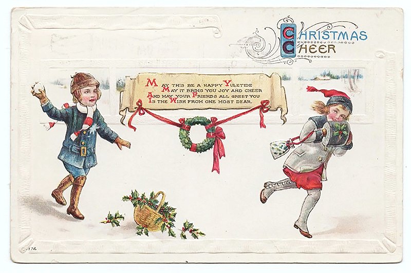 Cartão Postal Antigo Original, Natal, Com Relevo Christmas Cheer, Circulado em 1916