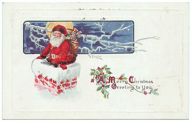 Cartão Postal Antigo Original, Natal, Papai Noel na Chaminé, 1922