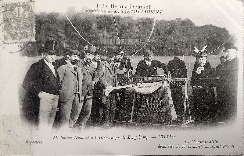 Santos Dumont e Princesa Isabel - Aterrissagem em Longchamp - Cartão Postal Antigo Original