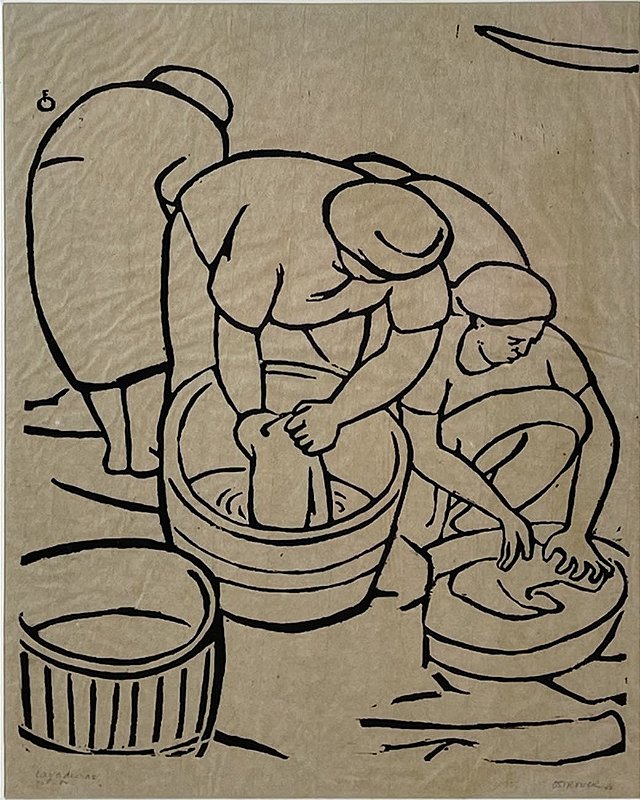 FAYGA OSTROWER - Desenho  a Nanquim Titulado "Lavadeiras", Assinado e Datado 1947