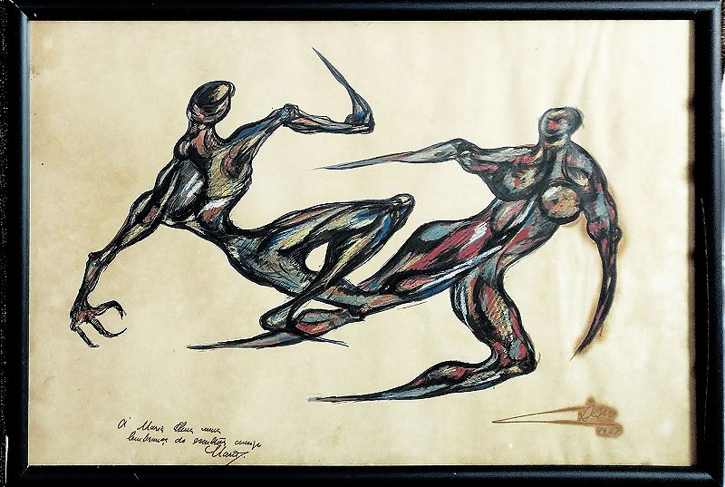 MARIO CRAVO JUNIOR - Capoeira - Técnica Mista Sobre Cartão, Assinada e Dedicada, 1957