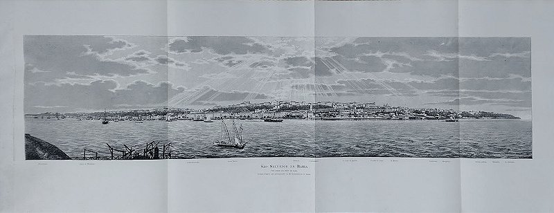 Gravura Original Antiga - A. Sauvage - Salvador, Bahia, Vista a partir do Forte do Mar, Grande Formato