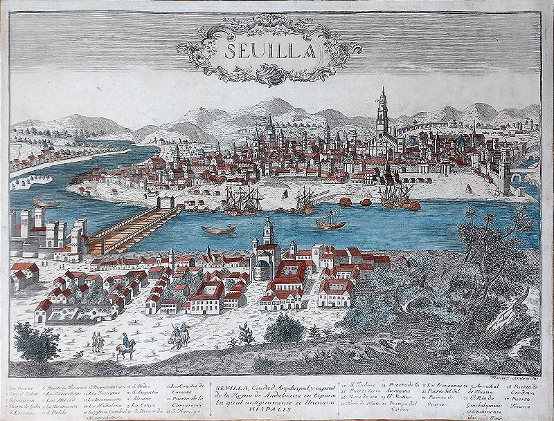 Mapa - Gravura circa 1780, Sevilha - Espanha, Vista Aérea da Cidade e do Porto com Navios