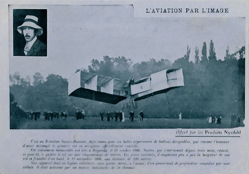 Aviação - Santos Dumont - Raro Cartão antigo, 14 Bis e efígie do aviador, publicidade de Elixir de Virginie Nyrdahl