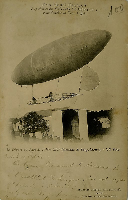 Aviação - Santos Dumont - Partida do Aero Club para Contornar a Torre Eiffel - Cartão Postal antigo original, circulado em 1901