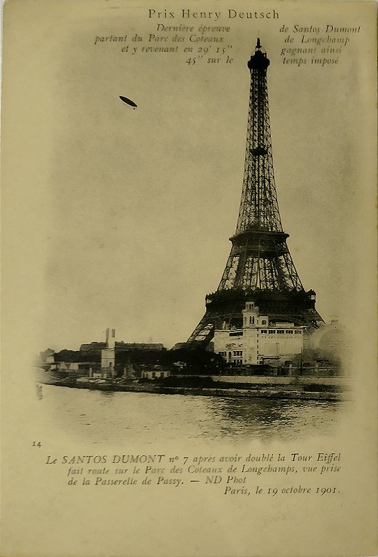 Aviação - Santos Dumont com Dirigível nº 7 Contornando Torre Eiffel - Raro Cartão Postal antigo original