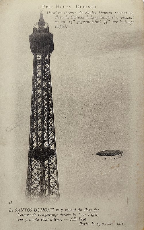 Aviação - Santos Dumont com Dirigível nº 7 Contornando Torre Eiffel - Raro Cartão Postal antigo original, não circulado