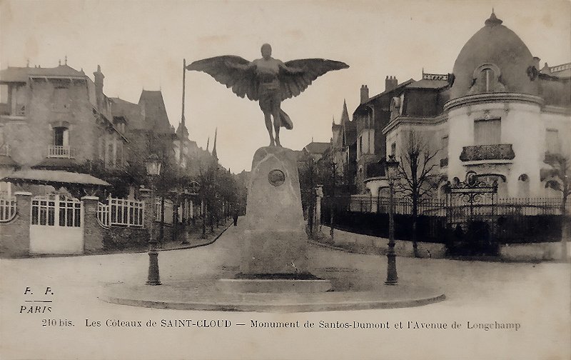 Aviação - Santos Dumont, Monumento ao Aviador em Saint Cloud - Cartão Postal antigo original, circulado 1917