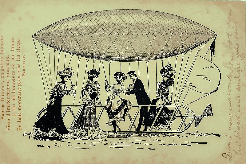 Aviação - Santos Dumont - Ilustração do Aviador Apresentando Balão às Damas - Raro Cartão Postal Antigo Original