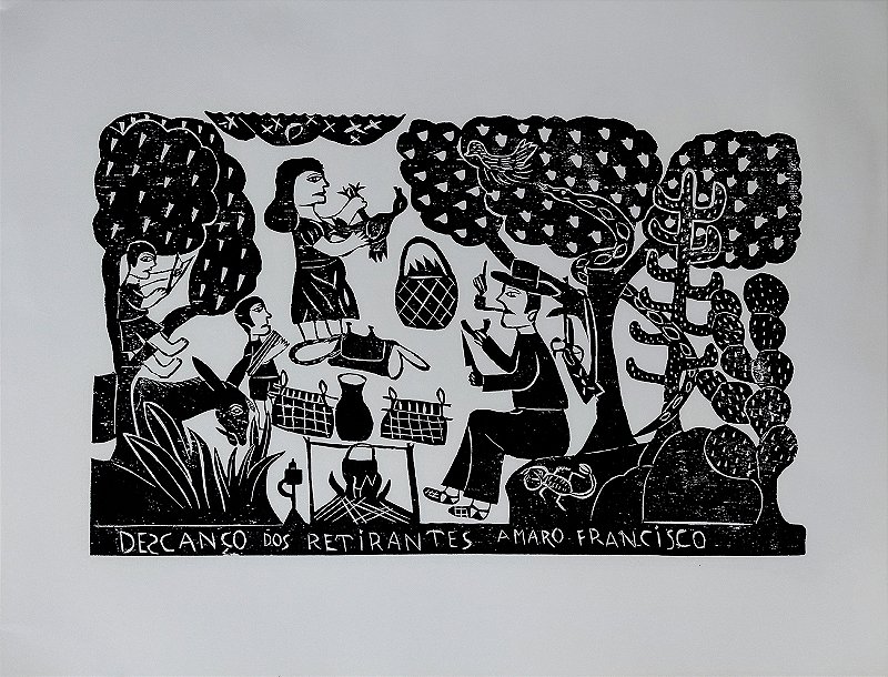Amaro Francisco -  Arte em Xilogravura "Descanso dos Retirantes" , Original Assinada na Chapa