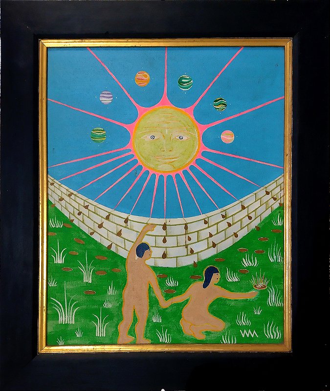 Arte Naif Monogramada WM, Adão e Eva - Quadro Óleo sobre Tela, Emoldurada