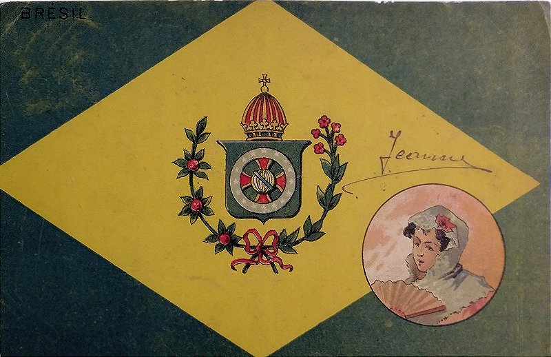 Brasil Império - Bandeira do Brasil com Brasão da Família Imperial - Cartão Postal Antigo, Original da época