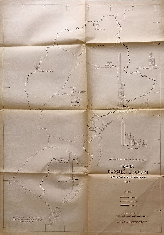 Aviação - Paraná – Raro Mapa da Bacia Paraná – Uruguai, Movimento de Aeroportos em 1952