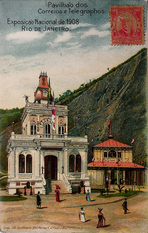 Rio de Janeiro - Exposição Nacional de 1908 - Correios e Telégrafos - Cartão Postal Litográfico Antigo