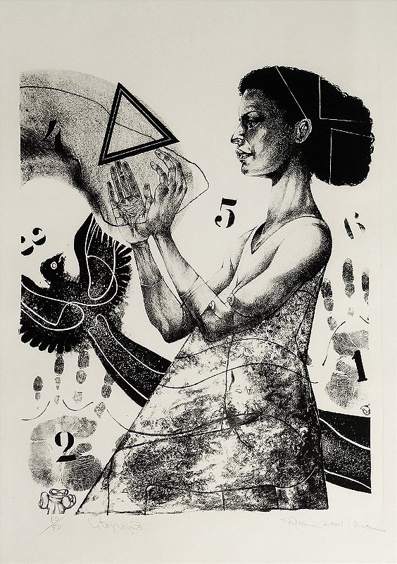 Kazuo Iha - Mulher Negra e Pássaro - Litografia Original de 2001 - Assinada