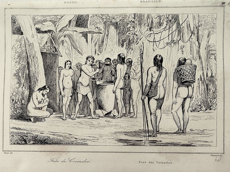 Brasil Império - Índios – Gravura original de 1837, titulada Festa dos Coroados - 120523