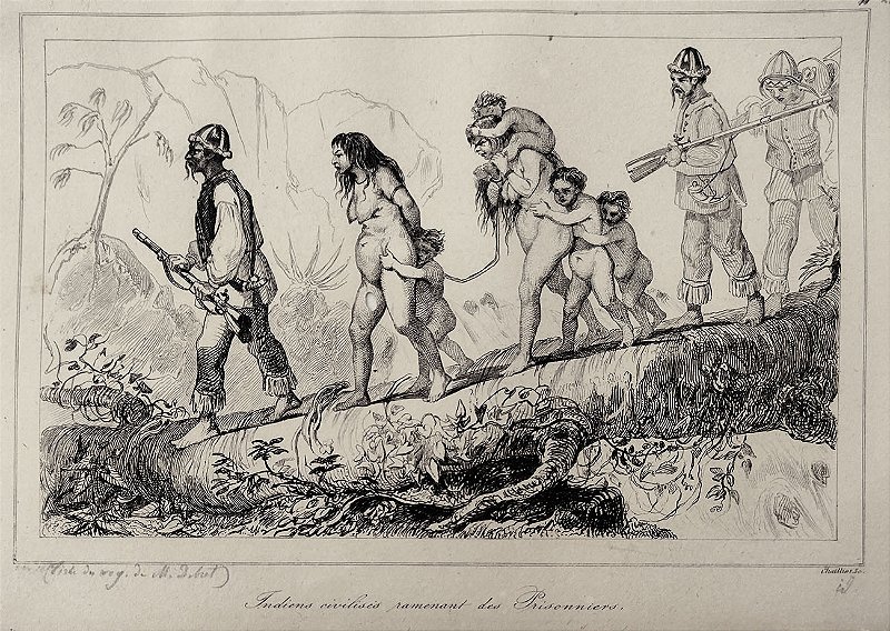 Brasil Império - Gravura original de 1837, titulada Índios Civilizados Trazendo de Volta Prisioneiros - 120523