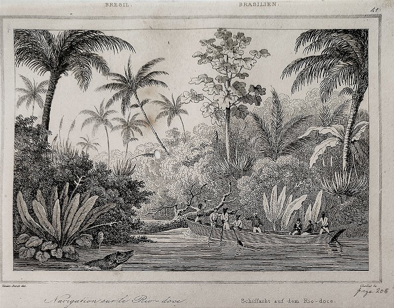 Brasil Império - Minas Gerais – Gravada por Vander Burch - Gravura original de 1837, titulada Navegação no Rio Doce - 120523