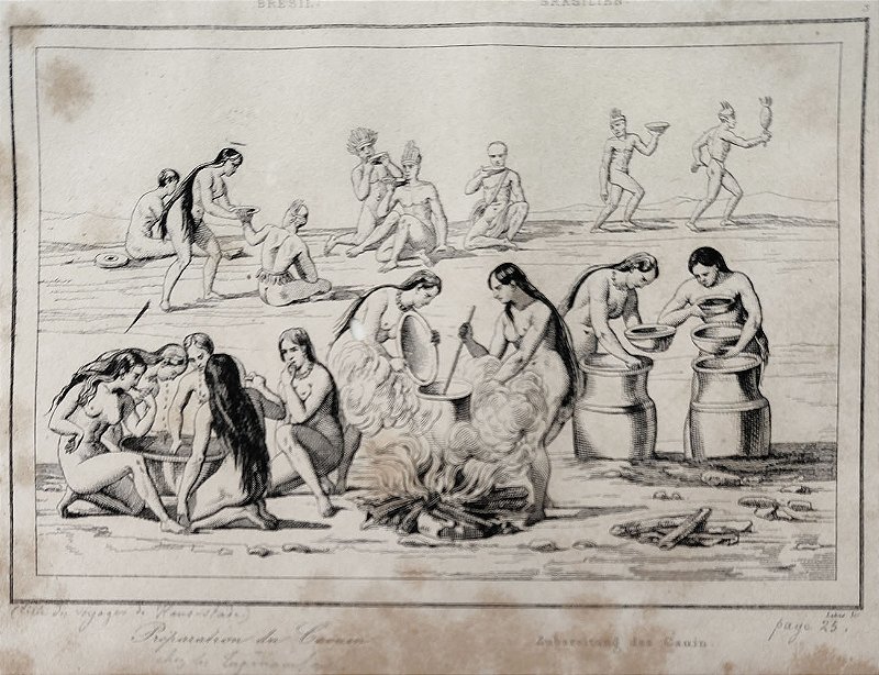 Brasil Império -Índios - Gravura original de 1837, titulada Preparação do Cauim, gravada por Lebas - 120523